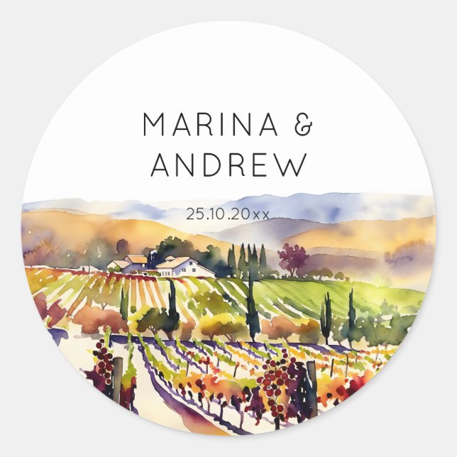 Sticker Rond Vignoble Napa Valley aquarelle mariage (Devant)