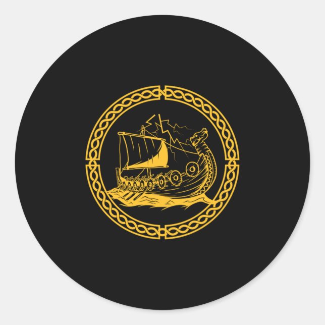Sticker Rond Viking Ship Guerrier Valhalla Norse Mythologie Cad (Devant)