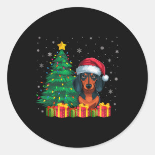 Sticker Rond Vilain Dachshund Santa Hat Noël Lumières Chien Amo