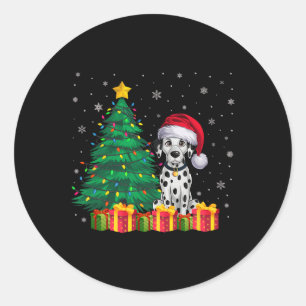 Sticker Rond Vilain Dalmatien Santa Hat Noël Lumières Chien Aim