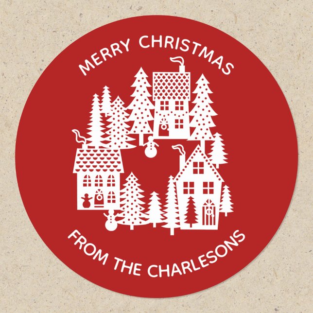 Sticker Rond Village de Noël Rouge et Blanc (Red and white festive Christmas Village papercut scene personalized sticker)