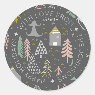 Sticker Rond Village de Noël scandinave Doodle personnalisé