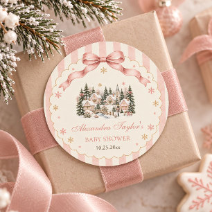 Sticker Rond Village d'hiver rose sauge Fête prénatale de Noël