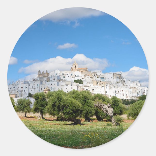 Sticker Rond Ville blanche Ostuni, Pouilles collant rond (Devant)