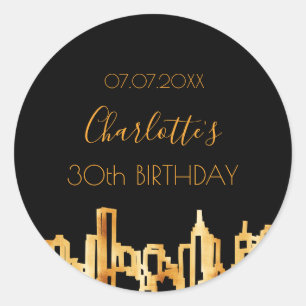 Sticker Rond Ville d'or noir skyline fête d'anniversaire moder