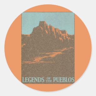 Sticker Rond Villes Taos Pueblos Vintage Nouveau-Mexique, Art d