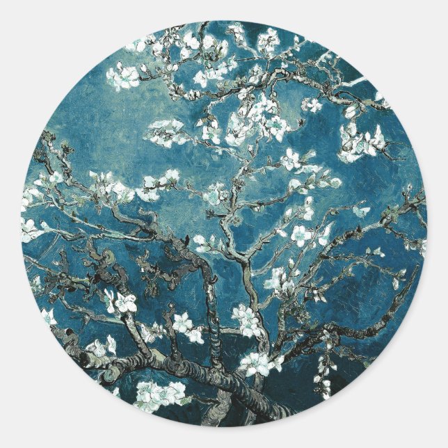 Sticker Rond Vincent Van Gogh Almond Blossoms Dark Turquoise (Devant)