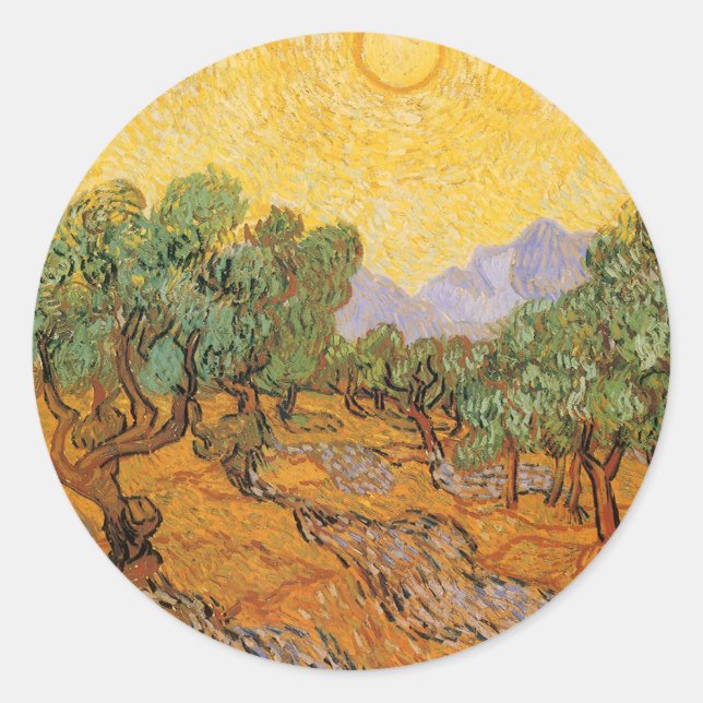 Sticker Rond Vincent van Gogh - Oliviers, Ciel Jaune et Soleil (Devant)
