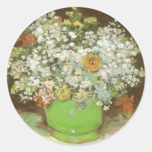 Sticker Rond Vincent van Gogh - Vase avec Zinnias et Fleurs