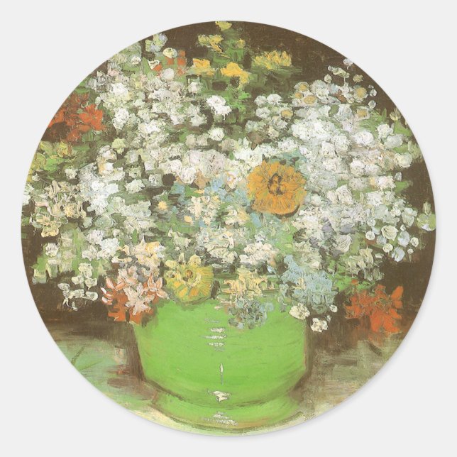 Sticker Rond Vincent van Gogh - Vase avec Zinnias et Fleurs (Devant)