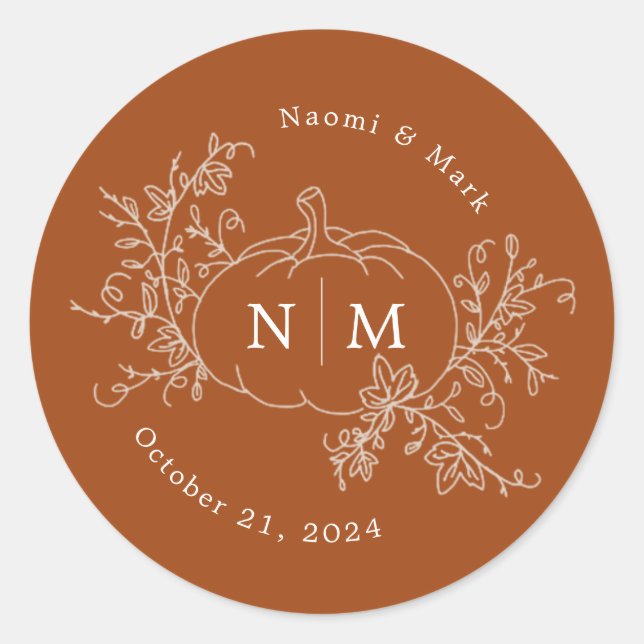 Sticker Rond Vins citrouilles Monogramme Mariage Classic Round  (Devant)