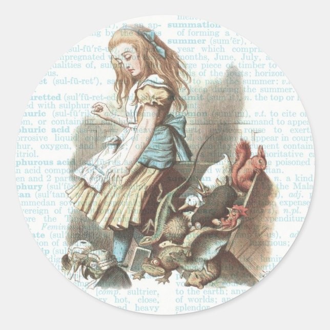 Sticker Rond Vintage Alice Wonderland Tags Dictionnaire Page Bl (Devant)