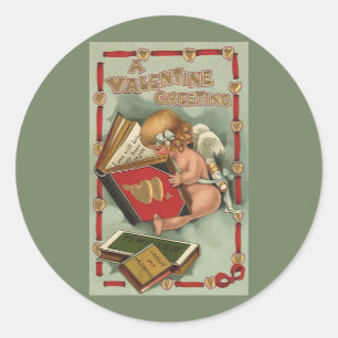 Sticker Rond Vintage Ange de la Saint-Valentin, Cupidon lisant 