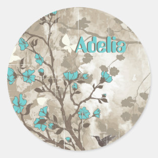 Sticker Rond Vintage aqua fleurs grunge floral personnalisé