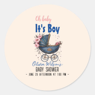 Sticker Rond Vintage aquarelle pram c'est le baby shower garçon
