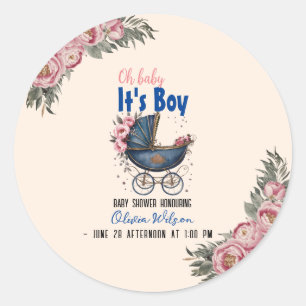 Sticker Rond Vintage aquarelle pram c'est le baby shower garçon
