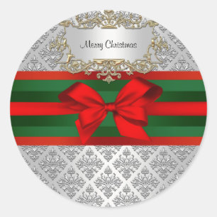Sticker Rond Vintage Argent Blanc Damas 3 Rouge Vert Ribbn Xmas