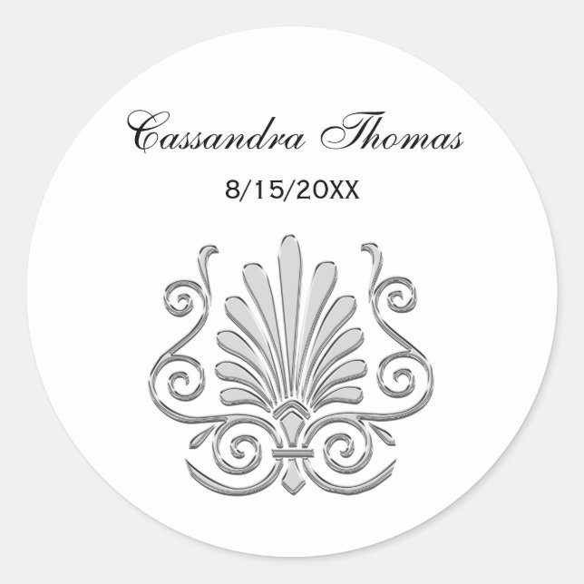 Sticker Rond Vintage Art Déco Argent Plume Arabesque (Devant)