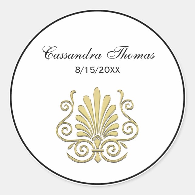 Sticker Rond Vintage Art Déco Gold Plume Arabesque (Devant)