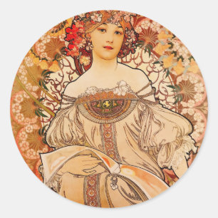 Sticker Rond Vintage Art Nouveau Mucha Print