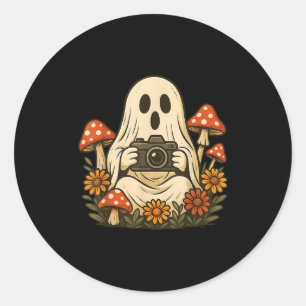 Sticker Rond Vintage Automne Champignons Fantôme Avec Caméra Wo