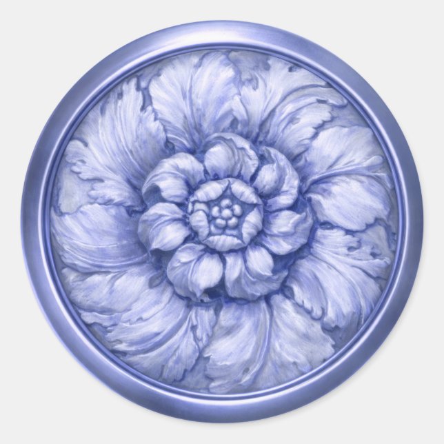 Sticker Rond Vintage Baroque Embossed Look Blue (Devant)