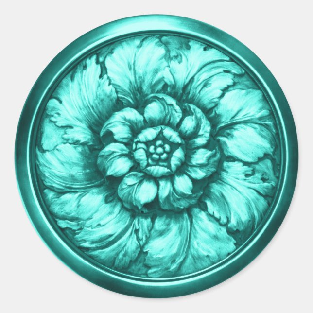 Sticker Rond Vintage Baroque Embossed Look Teal 2 (Devant)