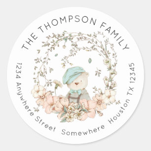 Sticker Rond Vintage Bear Greenery Floral Nom de retour Adresse