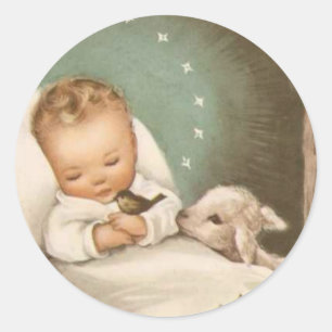 Sticker Rond Vintage bébé de Noël avec agneau