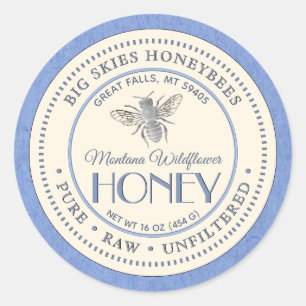 Sticker Rond Vintage Bee Honey Pure Raw Non filtré Blue Kraft