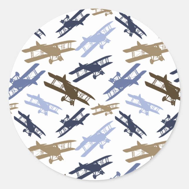 Sticker Rond Vintage Biplane Motif d'avion bleu Brown (Devant)