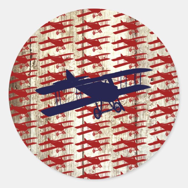 Sticker Rond Vintage Biplane on Barn Wood Aviation (Devant)