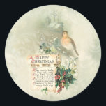 Sticker Rond Vintage Bird, Holly & Happy Christmas Scroll<br><div class="desc">Charmante carte de voeux vintage illustrée d'un parchemin antique avec un verset de Noël heureux avec saint,  oiseau et homestead au loin avec arrière - plan tourbillonnant vert sauge clair.</div>