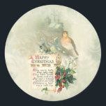 Sticker Rond Vintage Bird, Holly & Happy Christmas Scroll<br><div class="desc">Charmante carte de voeux vintage illustrée d'un parchemin antique avec un verset de Noël heureux avec saint,  oiseau et homestead au loin avec arrière - plan tourbillonnant vert sauge clair.</div>