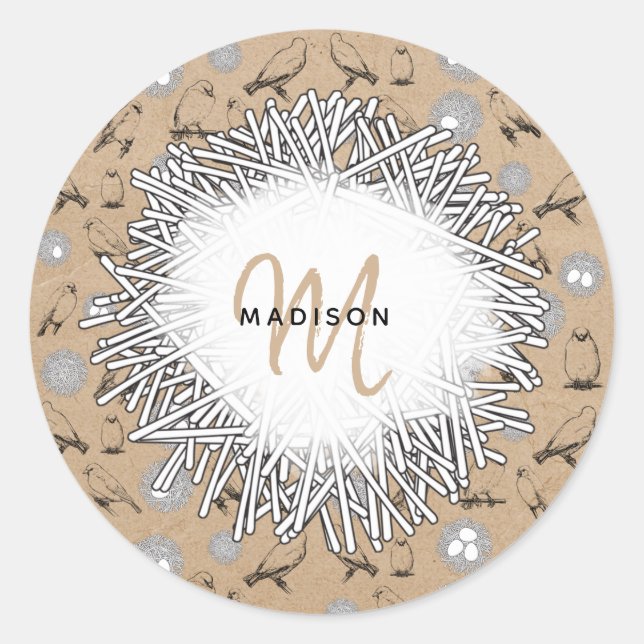 Sticker Rond Vintage Birds & Nid Rustic Kraft Brown (Devant)