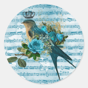 Sticker Rond Vintage Bleu Chanson Bird sur Partition