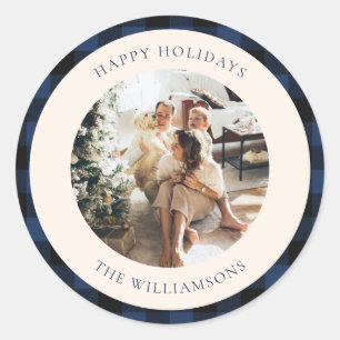 Sticker Rond Vintage Bleu et noir Buffalo Plaid Photo personnal