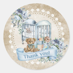 Sticker Rond Vintage bleu poussiéreux et marron fleurs teddy ou