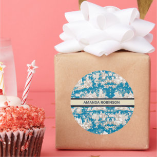 Sticker Rond Vintage bleu turquoise toile de jouy monogramme