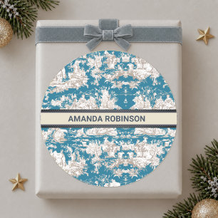 Sticker Rond Vintage bleu turquoise toile de jouy monogramme