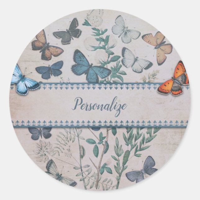 Sticker Rond Vintage Blue Butterfly Motif personnalisé (Devant)
