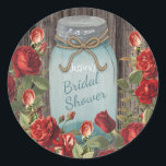 Sticker Rond Vintage Blue Mason Jar Rustic Floral Fête des mari<br><div class="desc">Un ancien bocal de mason bleu et un bouquet botanique de roses rouges et coralliens sur un arrière - plan rustique en faux bois confèrent à cette Fête des mariées un style champêtre moderne. Design par Holiday Hearts Designs incorporant l'imagerie vintage (droits réservés).</div>
