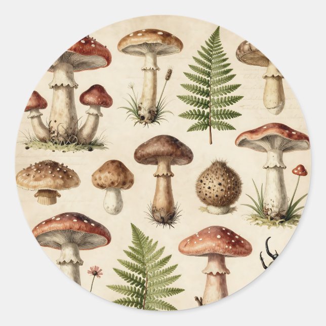 Sticker Rond Vintage Botanical Mushroom Fern Collage (Devant)