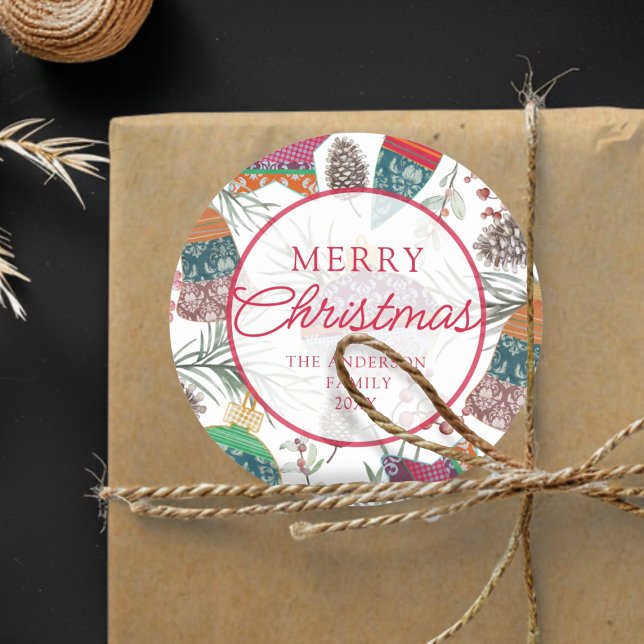 Sticker Rond Vintage Botanical Rouge Joyeux Noël (Créateur téléchargé)