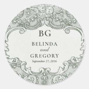 Sticker Rond Vintage Botanique Vert Jardin Mariage Thème