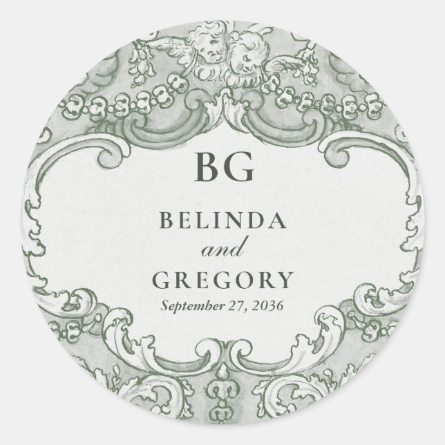 Sticker Rond Vintage Botanique Vert Jardin Mariage Thème (Devant)