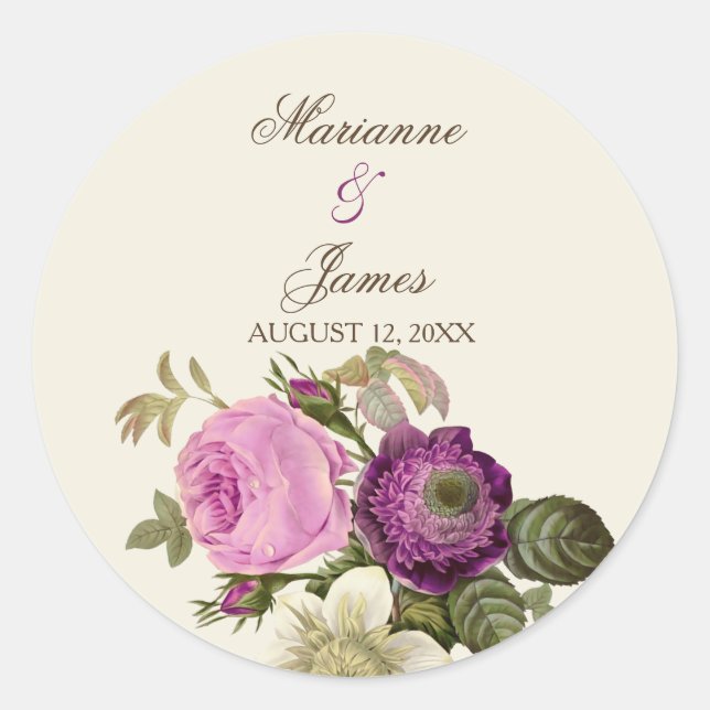 Sticker Rond Vintage Botanique Victorienne Rose & Prune (Devant)