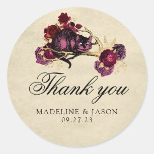 Sticker Rond Vintage Bourgogne Rouge Floral Chat Merci Mariage