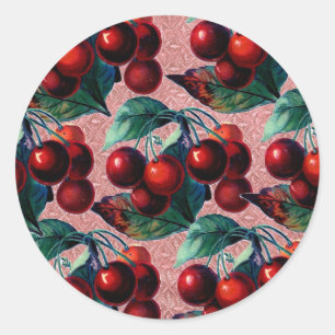 Sticker Rond Vintage Bund'Antique Fruit de Cerises Rouges