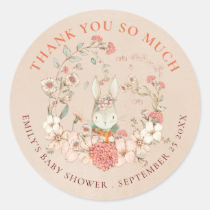 Sticker Rond Vintage Bunny Florals Merci Baby shower de pêche